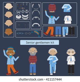 Set of senior citizens. Flat cartoon vector. Elderly men constructor. 