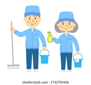 Set of senior cleaning staff. Vector data on a white background.
