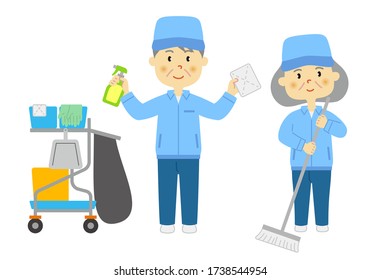 Set of senior cleaning staff. Vector data on a white background.