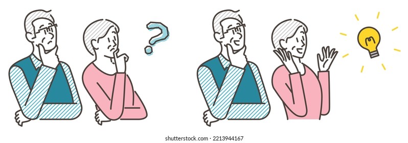 Set of a senior couple with problems and questions, and a senior couple happy that their problems have been solved [Vector illustration].