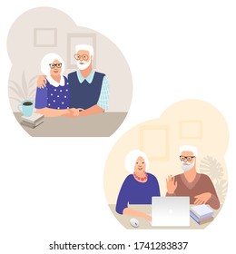 Set of senior couples. Happy seniors spend time together. Old people with computer. Vector