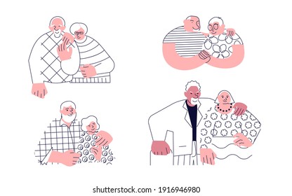 Set of senior couples hugging each other. Elderly people in relationships. Flat Art Vector illustration