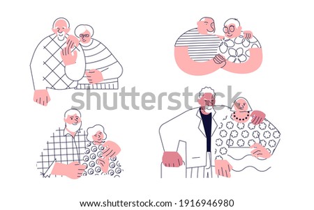 Set of senior couples hugging each other. Elderly people in relationships. Flat Art Vector illustration