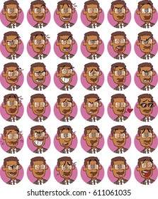 Set of senior ethnic businessman emojis; Cheerful, sad, angry, content ... and many more expressions.