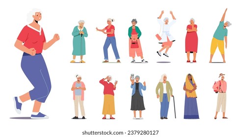 Juego de personajes femeninos de mayor edad haciendo ejercicios deportivos, saltando, viajando o haciendo senderismo con mochila, vestidos de indio, usando Smartphone, posando con ropa de moda. Ilustración de vectores de personas de caricatura