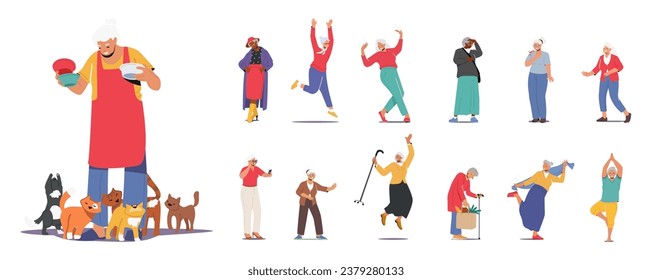 Juego de personajes femeninos mayores alimentando gatos, correr, saltar y bailar, posando en ropa de moda, haciendo yoga y ejercicios deportivos. La abuela camina con los comestibles en bolsa. Ilustración de vectores de personas de caricatura