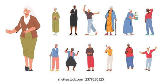 Set of Senior Female Characters Lifestyle. Old Women Dance, Feel Pain, Use Photo Camera and Care of Houseplants. Grandmother in Formal, Trendy and Asian Clothes. Cartoon People Vector Illustration