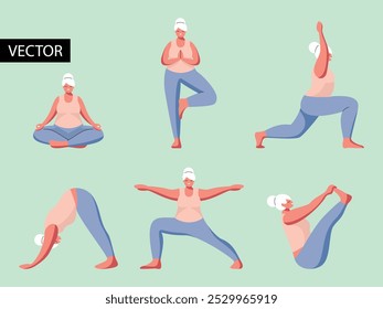 Eine Reihe weiblicher Charaktere, die Yoga und Meditation praktizieren. Aktive ältere Menschen. Gesunder Lebensstil. Sportliche Aktivitäten Ein glückliches und gesundes Rentenkonzept. Vektorgrafik.