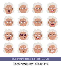 Set of senior female facial emotions. Black senior woman face with different expressions. Vector illustration in cartoon style.