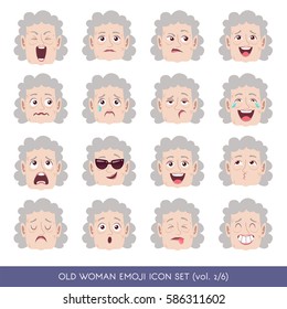 Set of senior female facial emotions. White senior woman face with different expressions. Vector illustration in cartoon style.