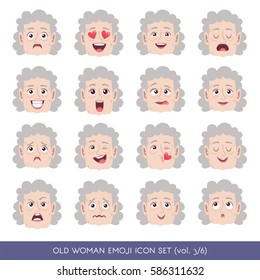 Set of senior female facial emotions. White senior woman face with different expressions. Vector illustration in cartoon style.