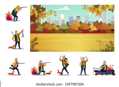 Set of senior hunter with dog on hunt. Flat vector illustrations of senior man with rifle looking, shooting, resting. Hunt concept for banner, website design or landing web page