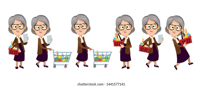 Set of senior joyful lady making purchases with shopping cart or basket. Joyful granny bying foodstuffs. Daily routine concept. Cartoon vector illustration isolated on white background.