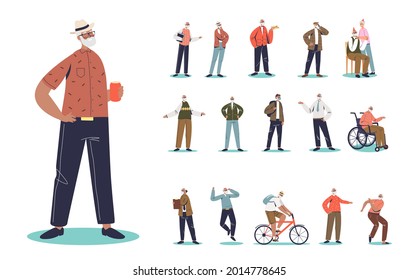 Set of senior male cartoon drinking beer wear hipster hat in different lifestyle situations and poses: with wife, in wheelchair, riding bike, dancing, talking on mobile phone. Flat vector illustration