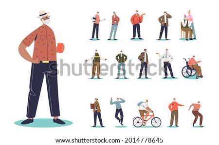 Set of senior male cartoon drinking beer wear hipster hat in different lifestyle situations and poses: with wife, in wheelchair, riding bike, dancing, talking on mobile phone. Flat vector illustration