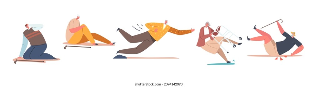 Set of Senior Male and Female Character Falling Down on the Ground due to Slippery Road, Clumsiness or Health Problem. Old People Stumble Isolated on White Background. Cartoon Vector Illustration