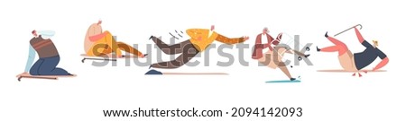 Set of Senior Male and Female Character Falling Down on the Ground due to Slippery Road, Clumsiness or Health Problem. Old People Stumble Isolated on White Background. Cartoon Vector Illustration