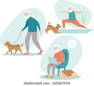 Set of senior man in different situations. Senior man activities - walking dog, browsing internet on laptop, doing yoga. flat vector character