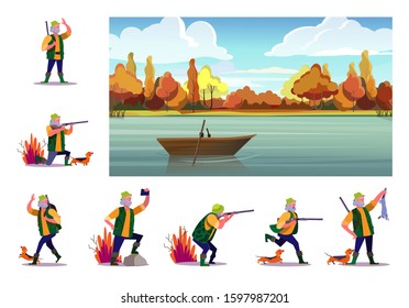 Set of senior man with dog on hunt. Flat vector illustrations of hunter with rifle looking, shooting, taking selfie. Hunt concept for banner, website design or landing web page