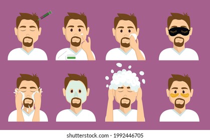 Set Of A Senior Man Takes Care Of His Face With Various Actions, Face Care, Treatment, Healthy, Hygiene, Lifestyle, Eye Patches, Cream, Botox Injection, Washing, Washing His Hair, Mask, Medicine