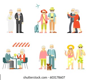 Set of senior man and woman characters in flat style isolated on white background. Old people in different poses, gestures, actions and situations. Healthy and active lifestyle for elderly.