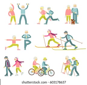 Set of senior man and woman characters in flat style isolated on white background. Old people in different poses, gestures and actions. Healthy lifestyle for elderly.