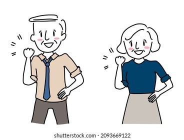 Set of senior man and senior woman making hand gesture of fighting. Happy mature businessman and businesswoman raising clenched fists. Elderly man and woman raising clenched fists celebrating victory.