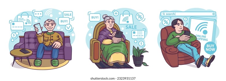 Set of senior man and woman ordering products online from home. Male sitting on couch and shopping online. Profitable shopping day concept. Flat vector illustration in blue colors