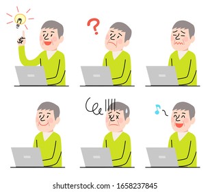 Set of senior man working with laptop computer