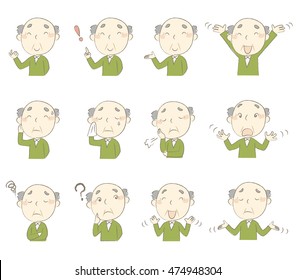 Set of senior man's various poses and emotions