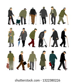 Set of senior mature person. Old people active life. Old man walking with stick vector isolated on white. Grandfather veteran Healthcare. Out of hospital and daycare center. Golden age without nursing