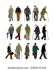 Conjunto de personas maduras. Viejos con vida activa. Hombre mayor caminando con ilustración vectorial aislada. Veterano del abuelo Salud. Centro de cuidados diurnos del hospital. Señores elegantes de la época dorada