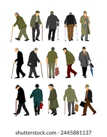 Set of senior mature person. Old people active life. Old man walking with stick vector illustration isolated. Grandfather veteran Healthcare. Hospital daycare center. Golden age aged elegant gentlemen