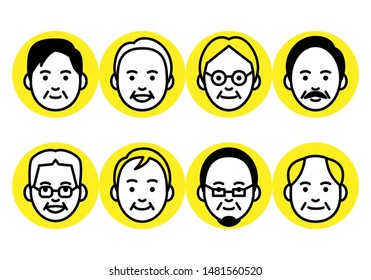 Set of senior men faces in round frame on white background. Vector illustration.
