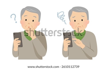 Set of senior men having trouble operating a smartphone_Vector illustration