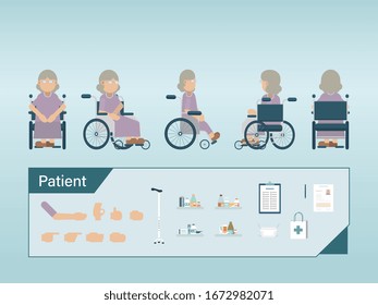 Set of senior patient characters in wheelchair, vector illustration