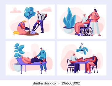 Set of Senior People Activity and Lifestyle. Aged Characters Gardening Hobby, Old Woman on Medical Procedure, Men Playing Chess. Retired Pensioner in Nurse Home. Cartoon Flat Vector Illustration