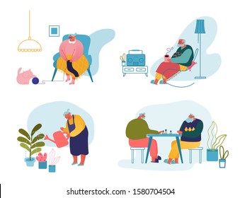 Set of Senior People Activity and Spare Time. Old Men and Women Gardening Hobby, Knitting, Playing Chess and Listening Radio Elderly Male and Female Characters Leisure Cartoon Flat Vector Illustration