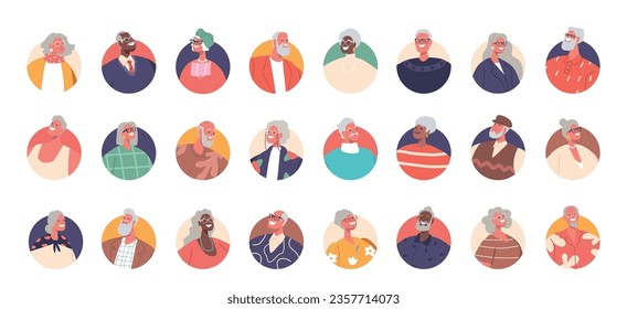 Set Of Senior People Avatars. Isolated Round Icons Of Elderly Male And Female Characters with Grey Hair, Vector