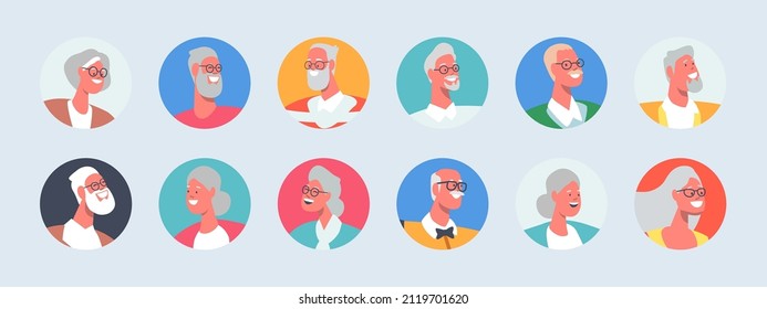 Set of Senior People Avatars, Male and Female Elderly Characters with Grey or White Hair and Beards. Mature Men or Women Portraits for Social Media. Cartoon Vector Illustration, Isolated Round Icons.