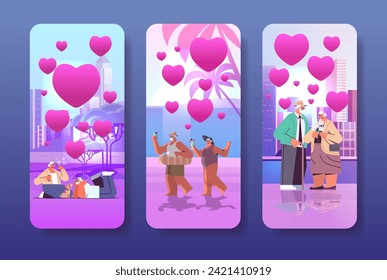 set senior people in love with pink love hearts celebrating happy valentines day
