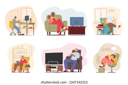 Un grupo de ancianos descansa en casa. Personajes masculinos y femeninos mayores que juegan en el ordenador, viendo la televisión con pop corn, leyendo un periódico, comunicándose en el ordenador portátil a través de Internet. Ilustración del vector de dibujos animados