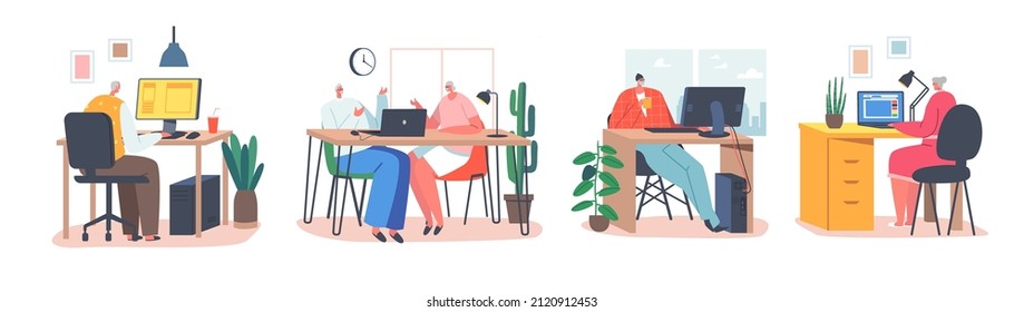 Set of Senior People Using Gadgets and Smart Devices. Aged Male and Female Old Characters Sitting at Home Communicate via Internet. Grandparents Chat on Laptop or Computer. Cartoon Vector Illustration