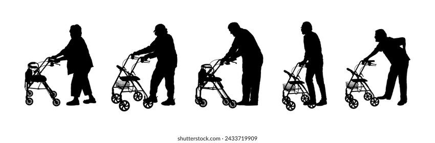  Set of senior people using rollator or walker walking aid vector silhouette.