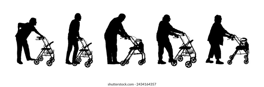 Set of senior people using rollator or walker walking aid vector silhouette.	