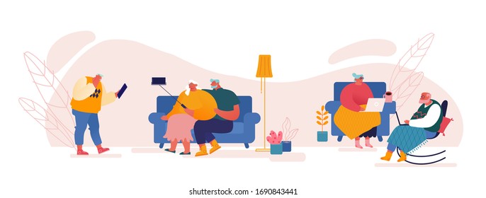 Set of Senior People Using Smart Devices. Aged Male and Female Old Characters Use Gadgets, Making Selfie on Smartphone, Chatting on Laptop Sitting at Home, Self Isolation. Cartoon Vector Illustration