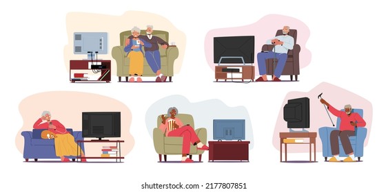 Set of Senior People Watching Tv, Elderly Male and Female Characters Sitting on Comfortable Armchair Having Fun, Relaxation and Sparetime Isolated on White Background. Cartoon Vector Illustration