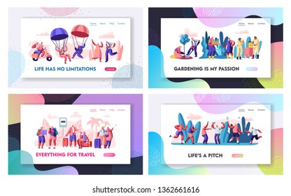 Conjunto de aposentados idosos Happy Life on Pension. Personagens idosos Atividade extrema e esportiva, Hobby de jardinagem e apicultura, página de destino do site, página da web. Ilustração vetorial plana dos desenhos animados, banner