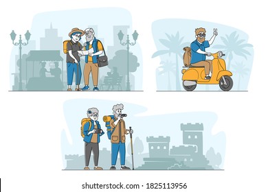Set of Senior Tourists in Foreign City Searching Place with Map, Using Camera for Making Photo, Riding Scooter. Old Characters Traveling, Active Pensioners Trip. Linear People Vector Illustration