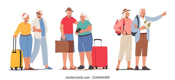 Set Senior Tourists Foreign Trip, Pensioners Searching Place with Map, Walking, Making Pictures. Old Active Characters Travelers Abroad Voyage. Elderly People Traveling. Cartoon Vector Illustration